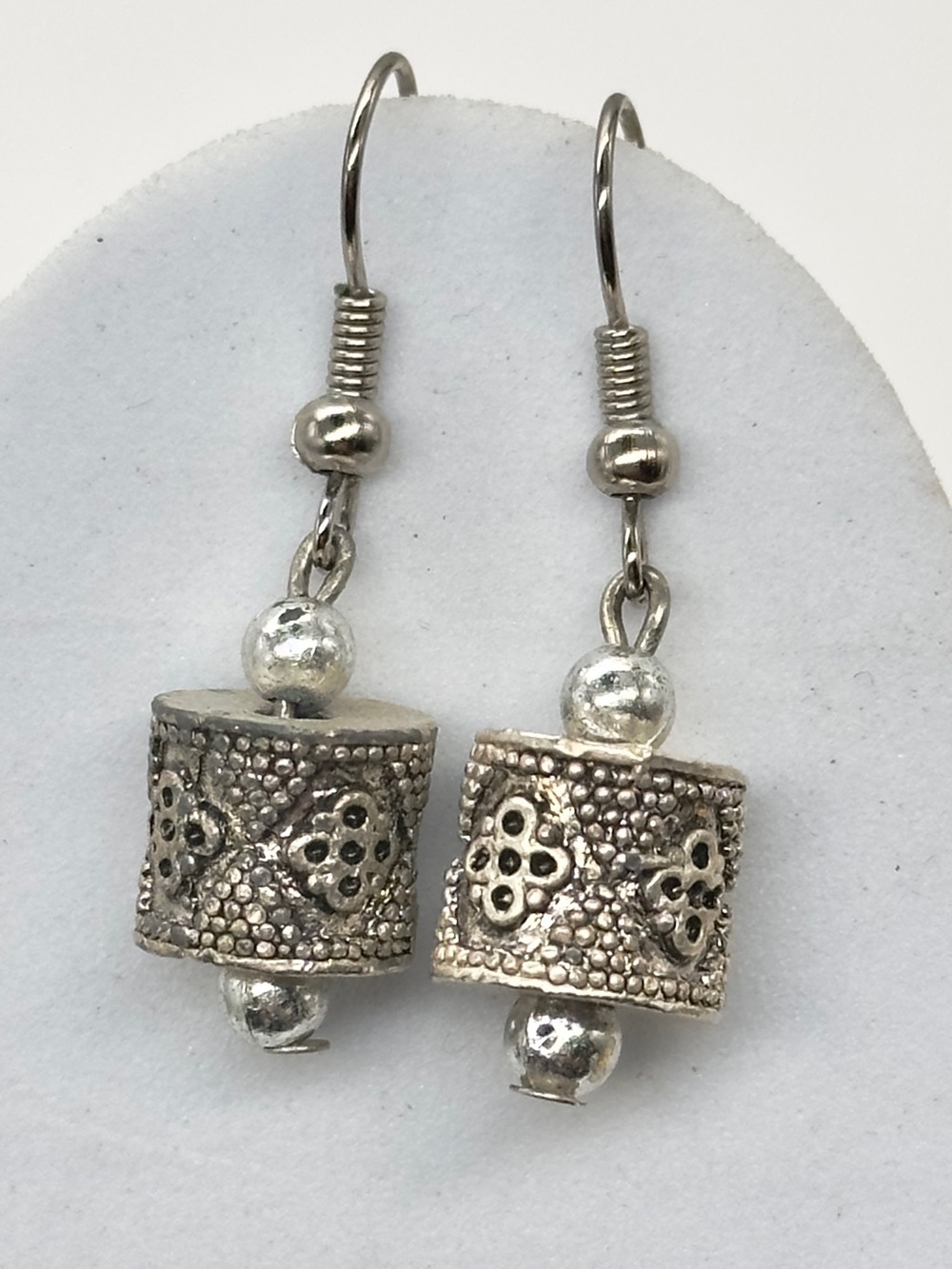 Silver Tone Barrel Bead Drop Dangle Earrings Hook Pierced Tribal Boho